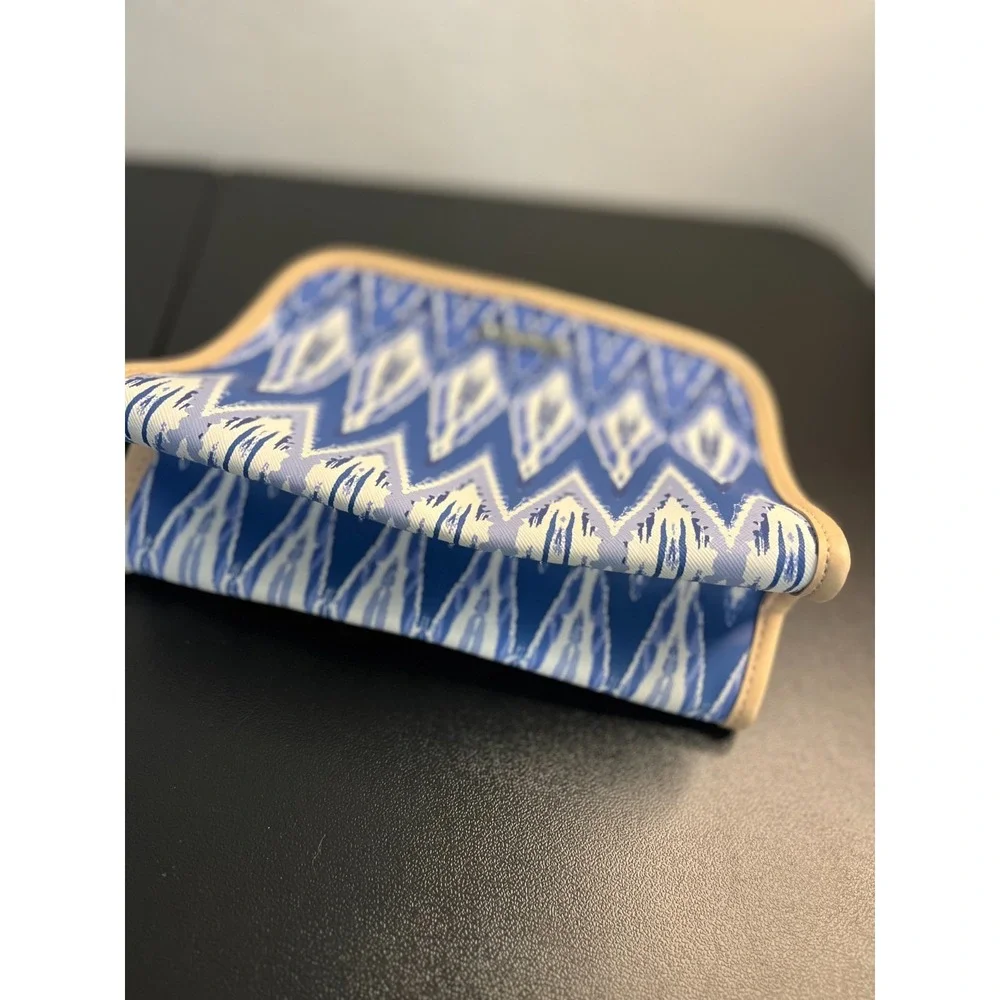 Stella & Dot Blue Ikat Makeup‎ Cord Pouch Travel Bag Yellow Zebra Lining